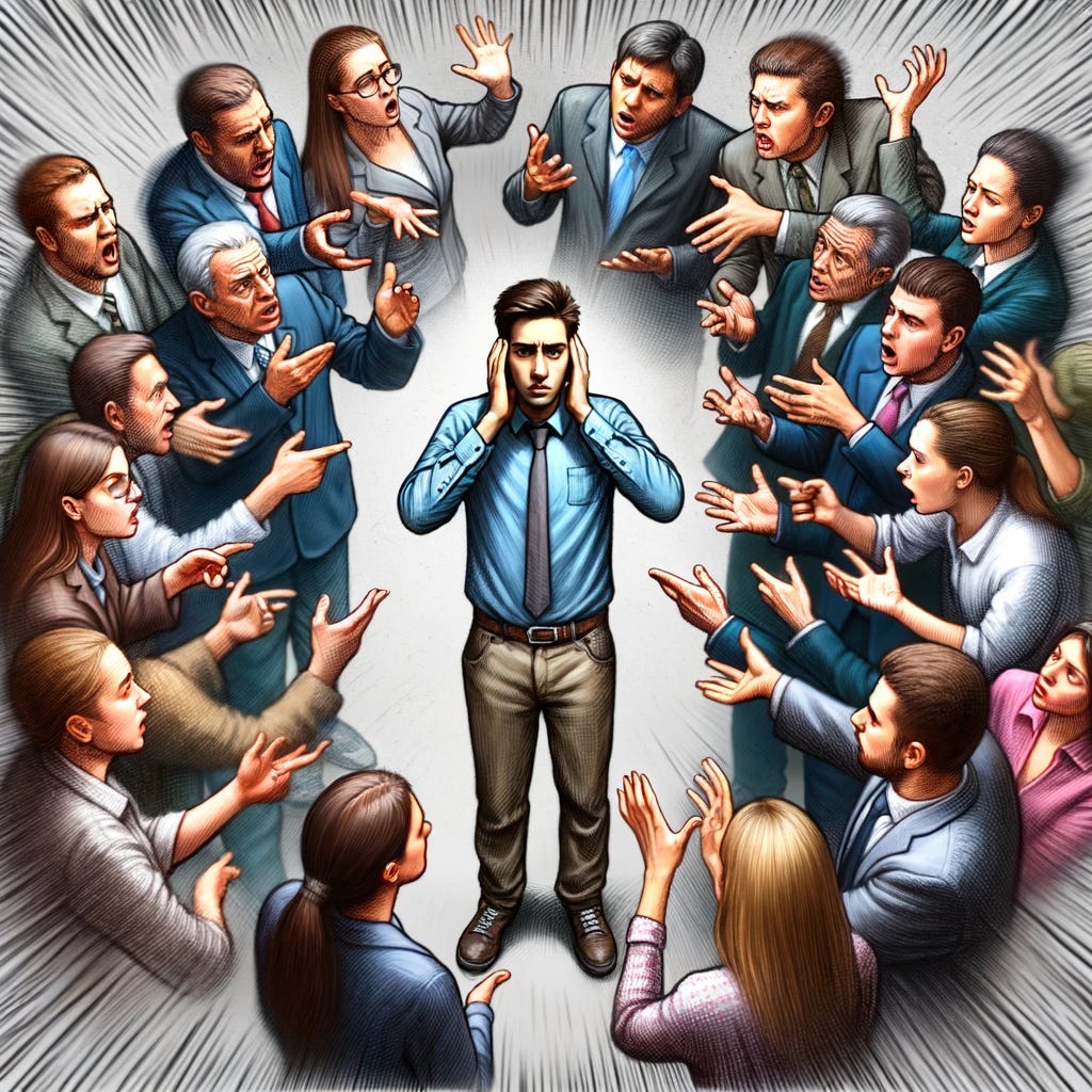 Create an image of a person in the center, surrounded by 20 different people, all trying to talk to him at the same time. The central figure should look overwhelmed and trying to listen, with a perplexed expression on their face. The surrounding individuals should be depicted in various poses of conversation, some gesturing animatedly, others leaning in to speak. The scene should convey a sense of chaos and urgency, with the central person being the focal point of all these simultaneous conversations.