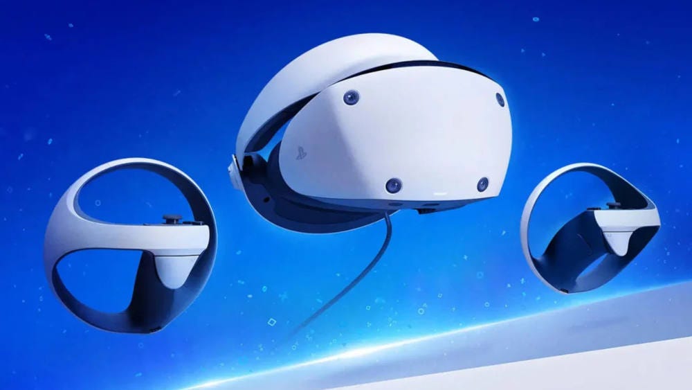 A PSVR 2 headset and two Sense controllers