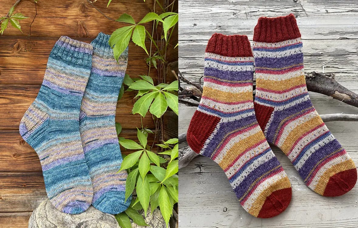 two colorful socks made with self-striping yarn