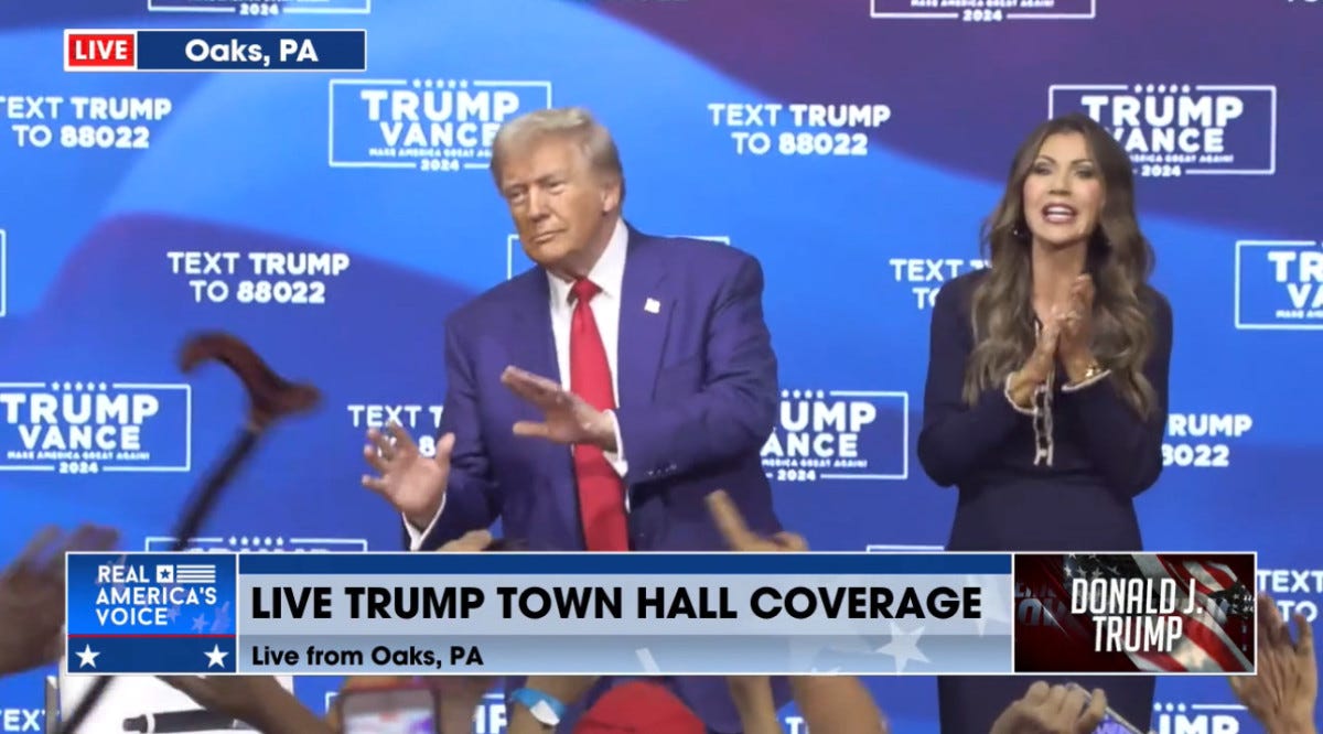 Trump and Kristi Noem at his Oaks, Pennsylvania town hall