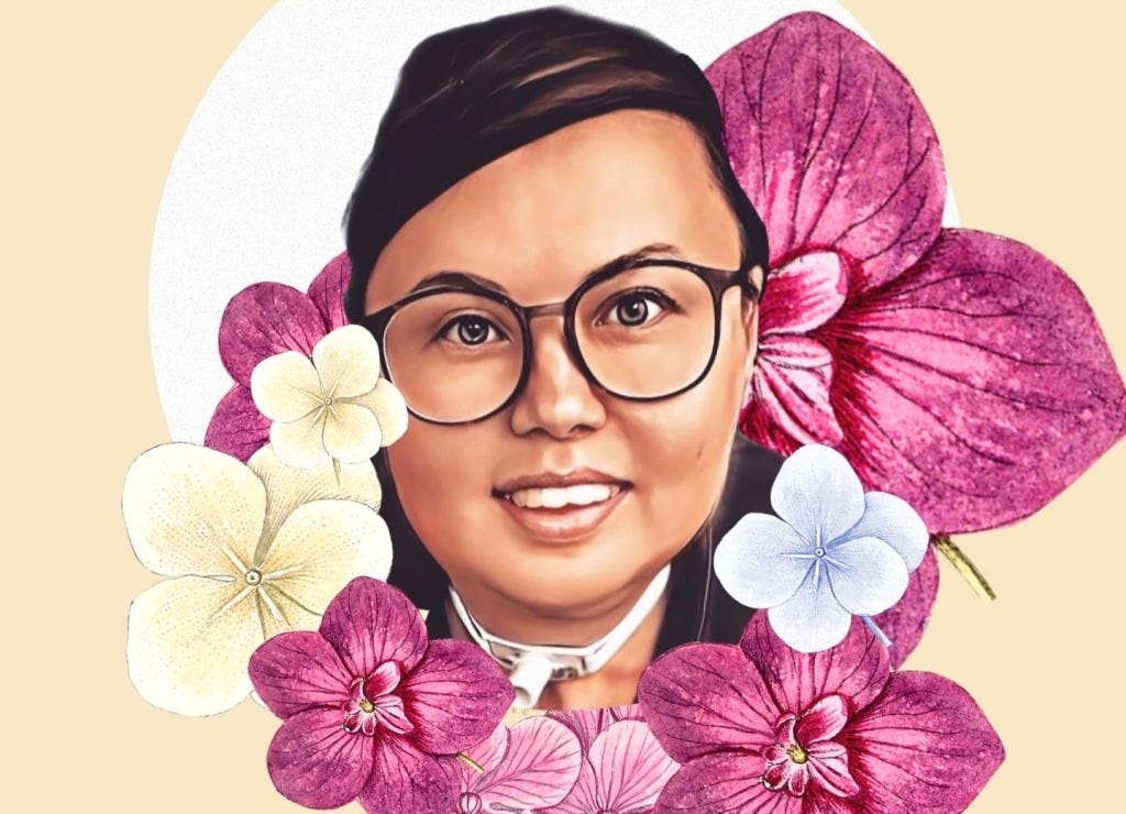 image of Stacey Park Milbern, mixed Korean/ white short haired femme with glasses, surrounded by pink and white flowers