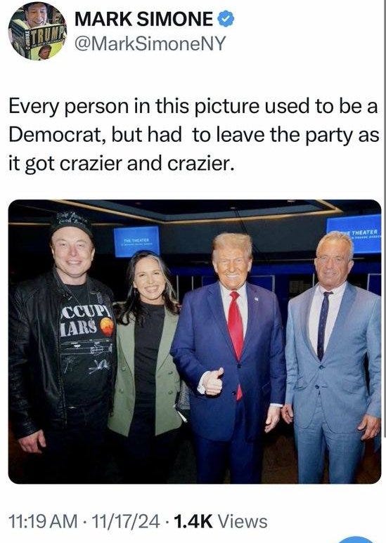 May be an image of 4 people, the Oval Office and text that says 'MARK SIMONE UTRUML @MarkSimoneNY Every person in this picture used to be a Democrat, but had to leave the party as it got crazier and crazier. MIW프 PИEЛmCKTOR THEATER c CCUPI LARS 11:19AM 11:19AM-11/17/24-1.4KView AM· 11/17/24 1.4K Views 11:19'