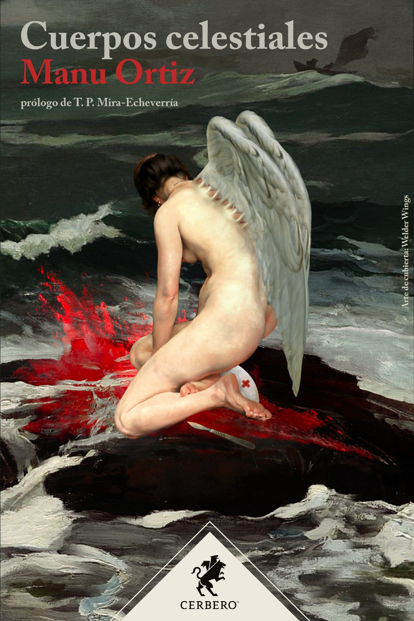Ilustración de cubierta. Obra pictórica que representa a una persona desnuda, quizá una mujer, arrodillada en una roca negra sobre la que rompen las olas de una tempestad épica. Una roca negra en mitad de un océano embravecido y, sobre la roca, una mujer arrodillada. Bajo ella un gran charco de sangre, que también salta salpicando al romper de las olas. En el suelo un bisturí, a su lado, y una cofia de enfermera. Y, en su espalda, como cosidas, como pretendiendo desprenderse, o tal vez alzarla por encima de las nubes y la gente, unas alas enormes, de plumas blancas, como de ángel primordial. Y, al fondo, un barco de vela, azotado por las inclemencias. Todo en tonos oscuros, de azul, blanco y gris. Y rojo, claro, no nos olvidemos del rojo. Ilustración de cubierta. Obra pictórica que representa a una persona desnuda, quizá una mujer, arrodillada en una roca negra sobre la que rompen las olas de una tempestad épica. Una roca negra en mitad de un océano embravecido y, sobre la roca, una mujer arrodillada. Bajo ella un gran charco de sangre, que también salta salpicando al romper de las olas. En el suelo un bisturí, a su lado, y una cofia de enfermera. Y, en su espalda, como cosidas, como pretendiendo desprenderse, o tal vez alzarla por encima de las nubes y la gente, unas alas enormes, de plumas blancas, como de ángel primordial. Y, al fondo, un barco de vela, azotado por las inclemencias. Todo en tonos oscuros, de azul, blanco y gris. Y rojo, claro, no nos olvidemos del rojo.