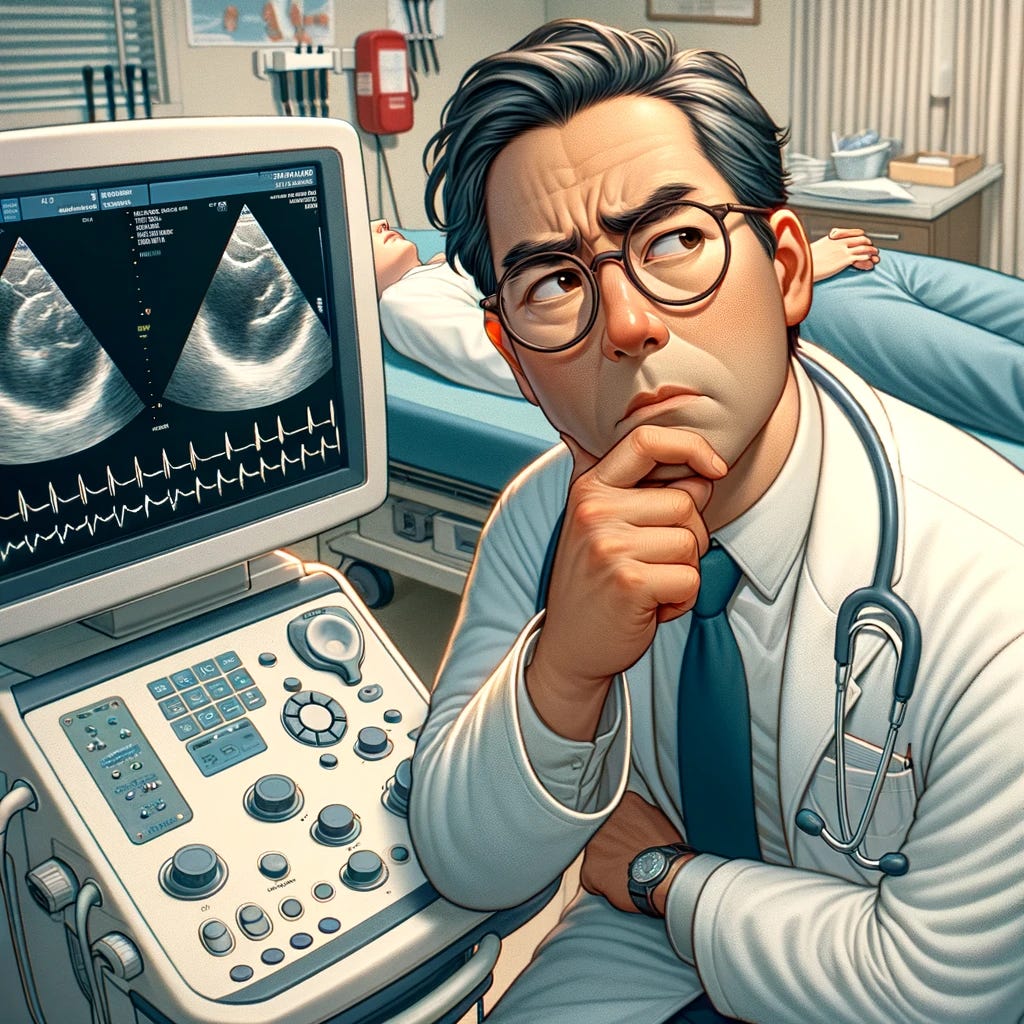 A scene depicting a doctor performing an echocardiogram, deeply focused and slightly puzzled. The setting is a medical examination room with an echocardiogram machine and a patient lying on the examination table. The doctor, a middle-aged Asian male, is wearing a white lab coat, glasses, and is looking at the echocardiogram screen with a thoughtful expression. The screen displays images of a heart valve, indicating a valvopathy. The room is filled with medical equipment and has a neutral color scheme.