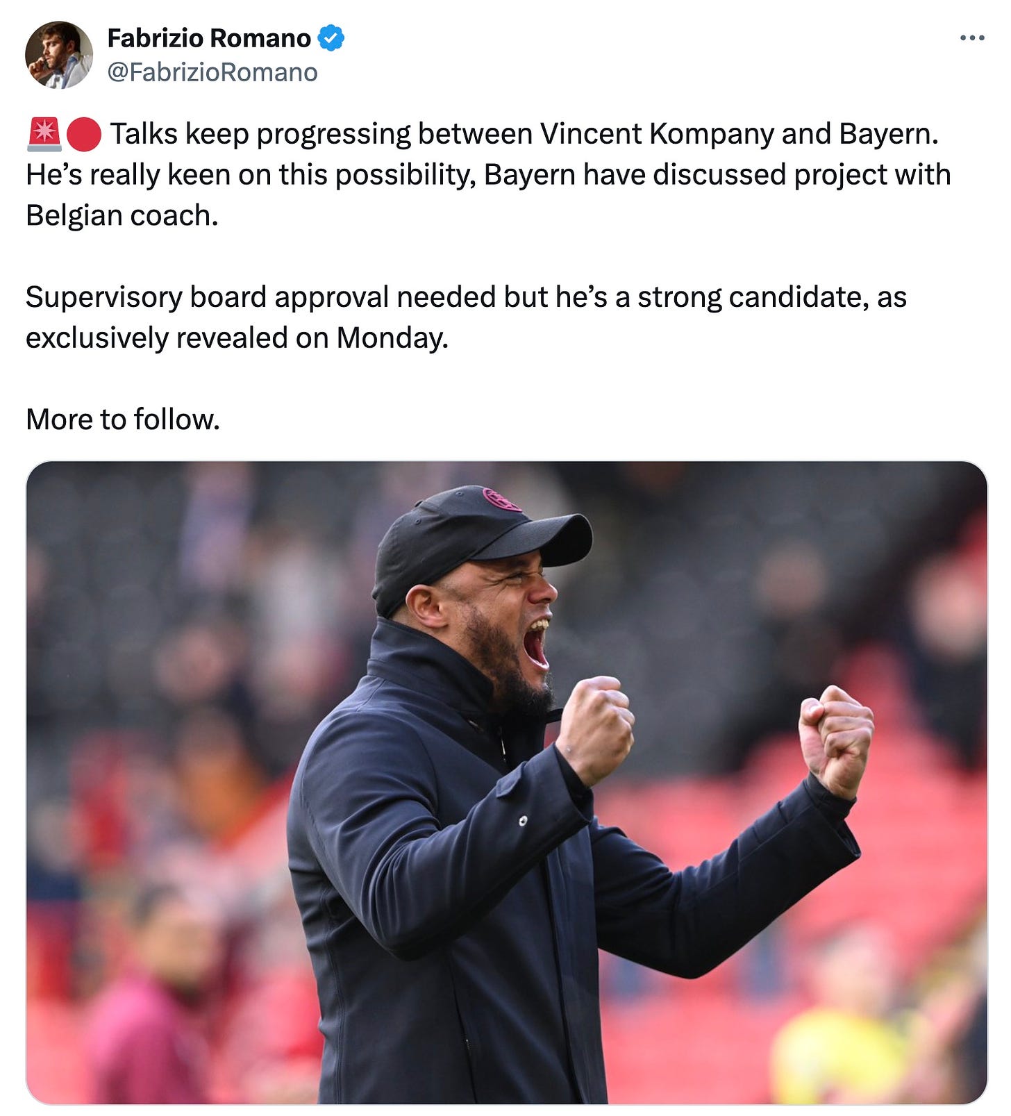 A tweet by Fabrizio Romano on Bayern Munich's talks with Vincent Kompany