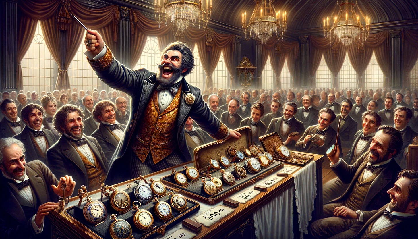 DALL·E 2024-03-18 10.50.07 - Depict a bustling watch auction scene set in the Victorian era, focusing on a greedy auctionee.webp