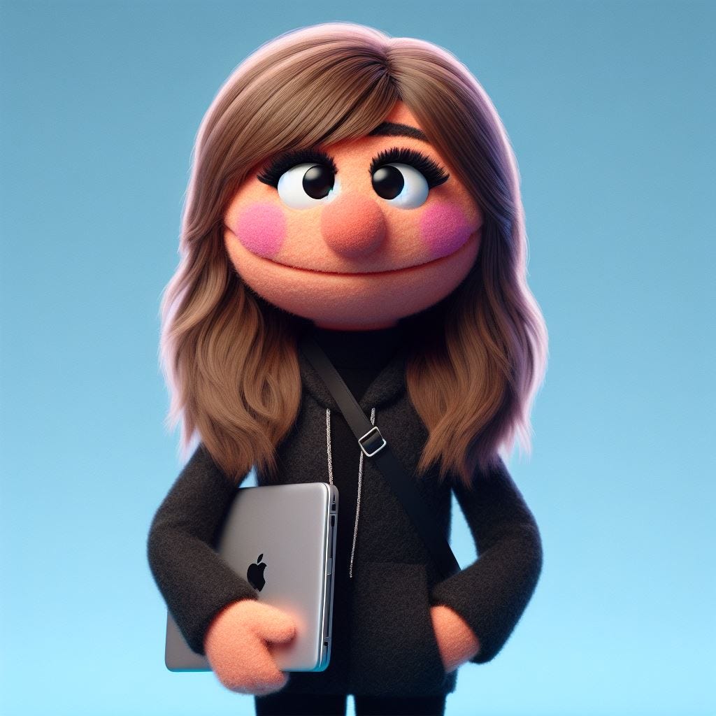 Katie as a muppet wearing all black with a laptop. 