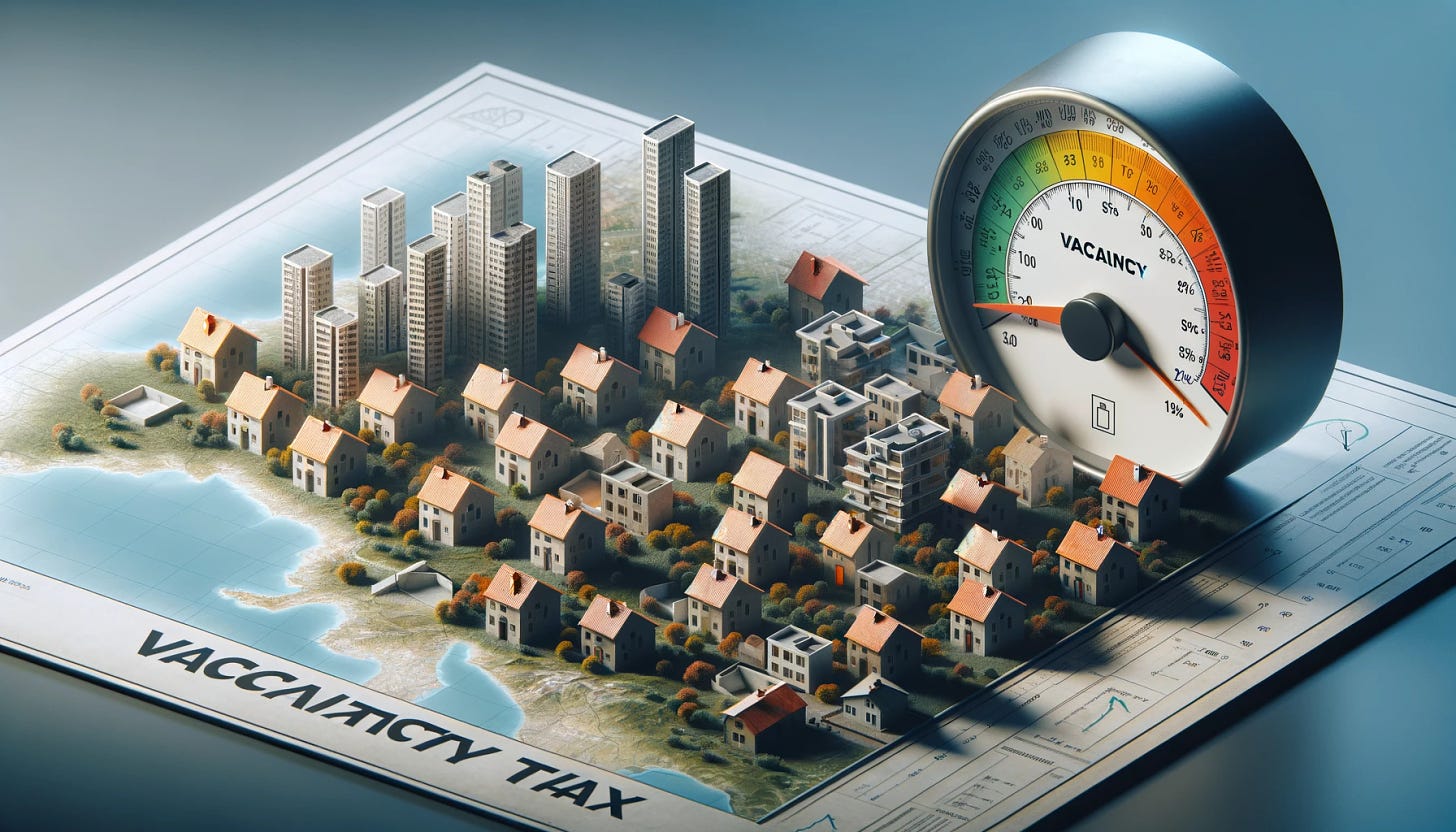 Create an image that visualizes the issue of vacant housing in different regions and the impact of a vacancy tax. The scene should depict a map of a country divided into urban and rural areas, with empty houses and apartment buildings scattered across. In urban areas, show fewer but still noticeable empty homes, while rural areas have a higher concentration of them. Incorporate a symbol or meter indicating the vacancy rate, showing 1-3% in urban areas and a higher percentage in rural areas. Additionally, depict a scale or gauge that illustrates the slight positive effect of a vacancy tax, represented by a small increase in the number of occupied homes or reduction in vacancies. The concept of renovation before occupancy should also be subtly included, perhaps with a fraction of the homes under construction or marked for renovation. This image should convey the nuanced effects of vacancy taxes on housing availability and the differences between urban and rural vacancy rates, in a 16:9 format.