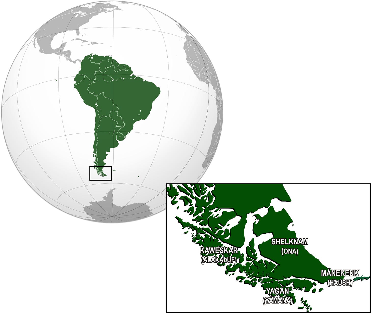 Maps showing the location of Tierra del Fuego in South America and the distribution of indigenous people groups in Tierra del Fuego (subset)
