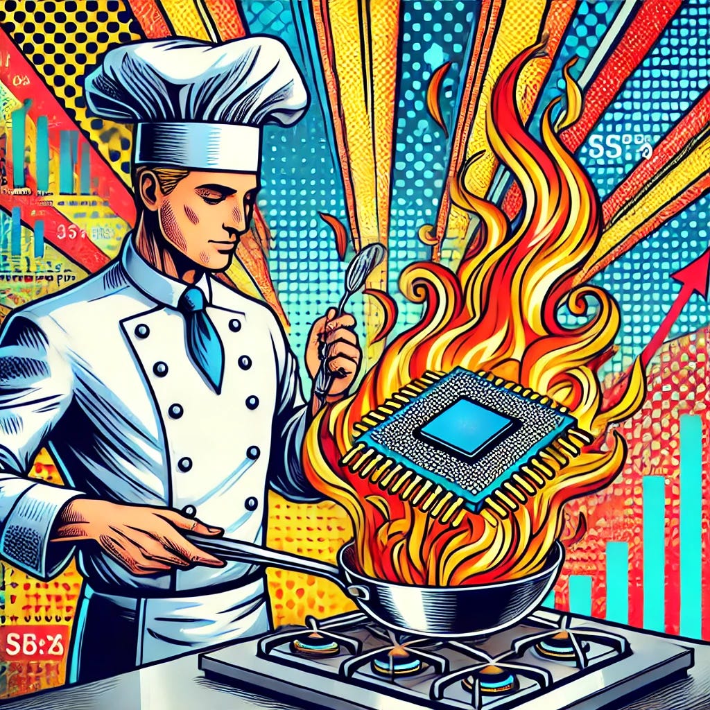 A bold pop-art style illustration of a professional chef flambéing a frying pan with a microchip made entirely of spaghetti. The spaghetti chip has a circuit-like pattern crafted from pasta, with flames rising dramatically from the pan. The chef, wearing a tall white hat and crisp uniform, is skillfully flambéing the dish in a vibrant, fully visible kitchen filled with pop-art elements such as halftone patterns, bold outlines, and bursts of red, blue, and yellow. The background includes financial charts and arrows rising, emphasizing growth and creativity. The typography should be bold and seamlessly integrated into the dynamic design. Format: 16:9, 1920x1080 resolution.