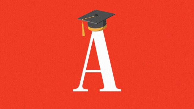 the atlantic logo with a mortarboard hat on the A