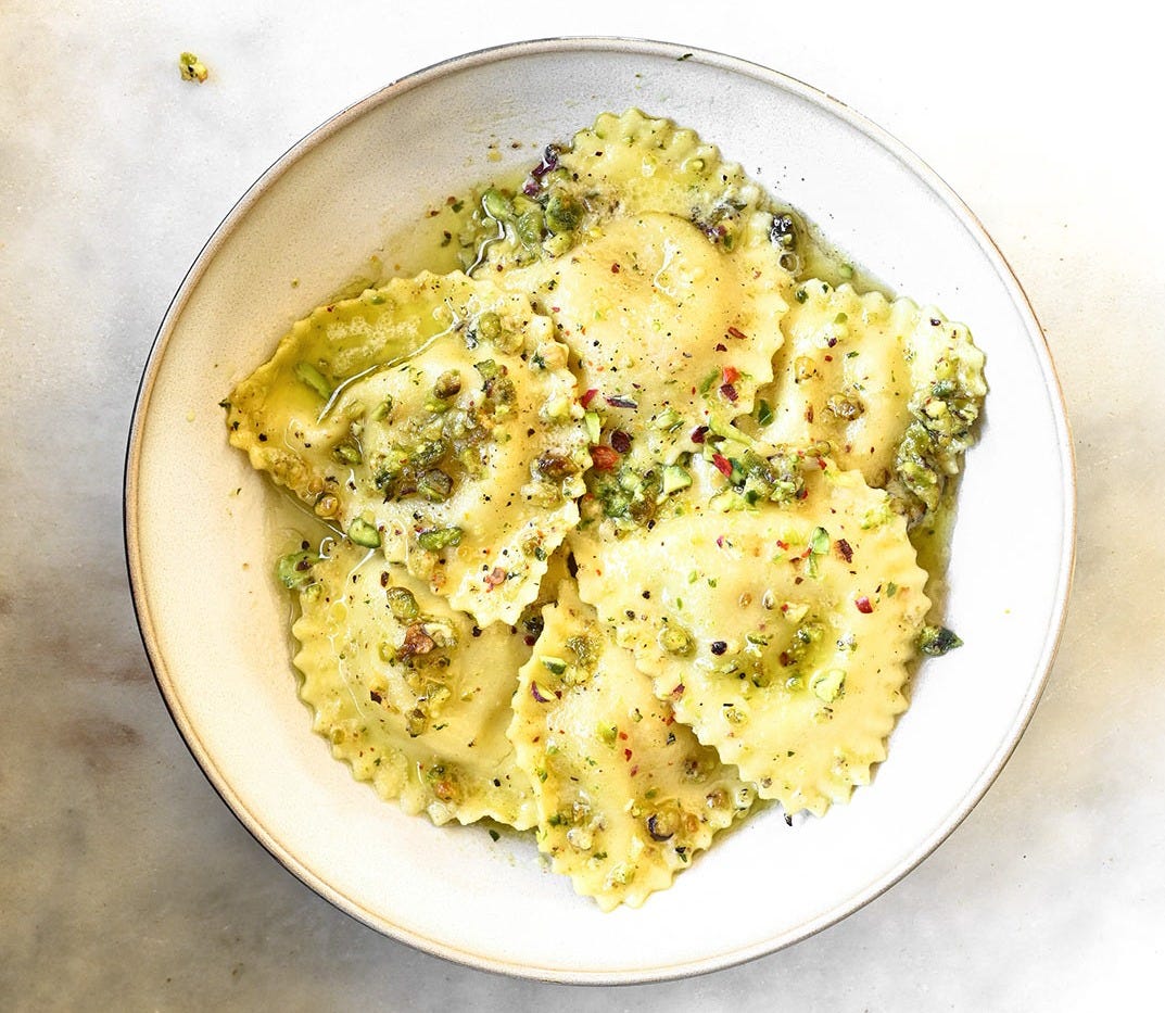 ravioli with pistachio pesto