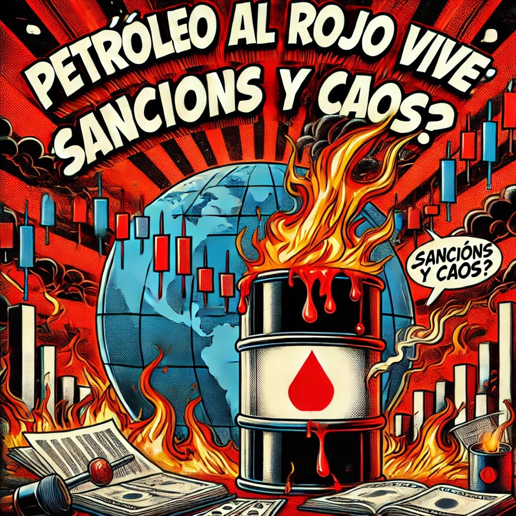 A bold and dramatic pop-art style illustration depicting the concept of 'PETRÓLEO AL ROJO VIVO: ¿Sanciones y Caos?' featuring a massive oil barrel with flames and smoke, a chaotic stock market graph, and a globe partially engulfed in fire. The text should be highly legible, with 'PETRÓLEO AL ROJO VIVO' in bold red and white letters and the subtitle '¿Sanciones y Caos?' clearly visible. The design should emphasize financial turmoil with a dynamic comic book art influence.