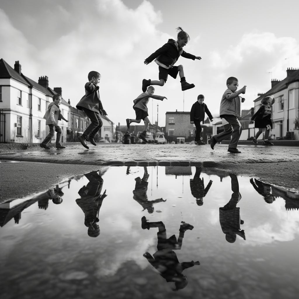 Black and white photo of children leaping over a puddle, in the style of Cartier Bresson