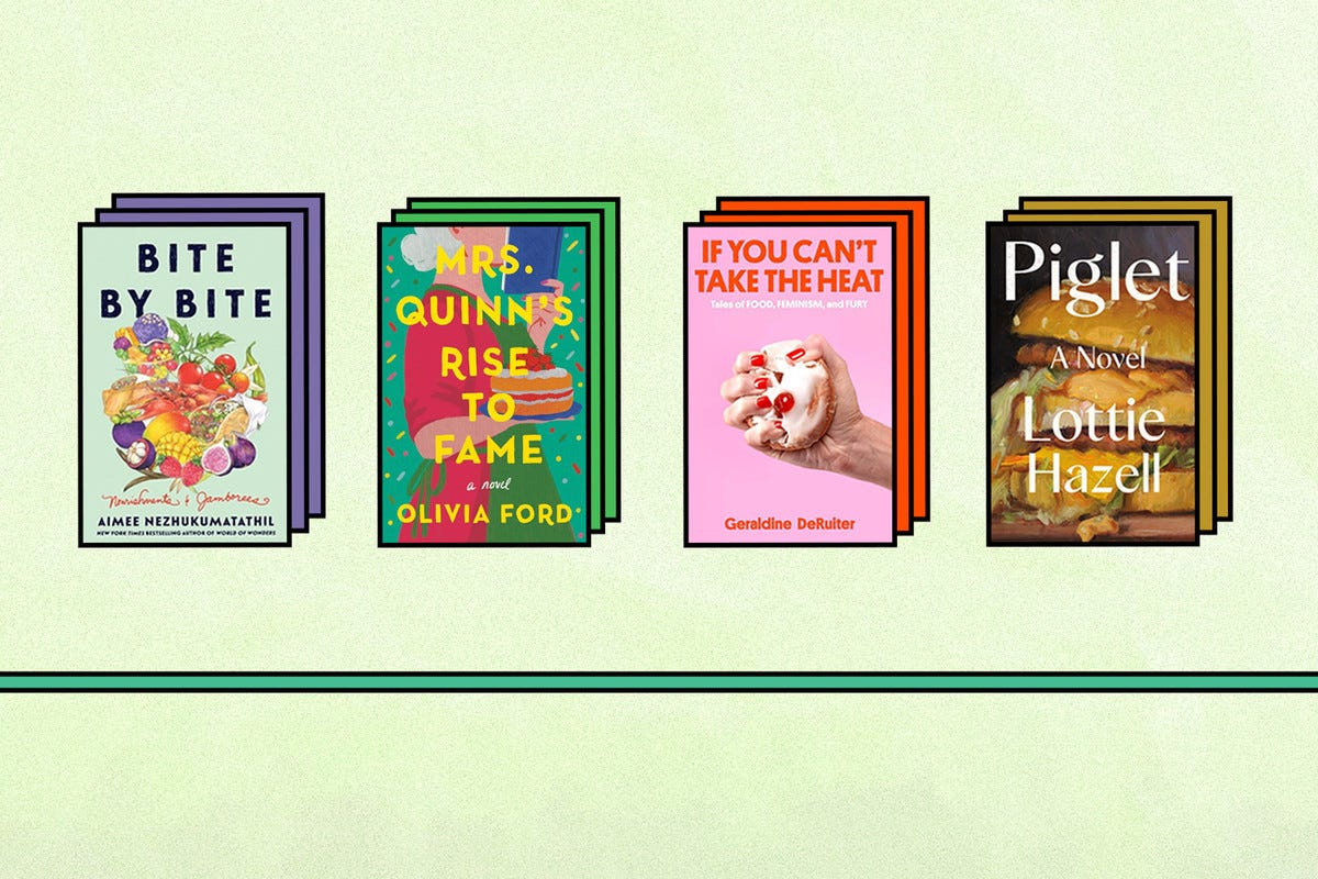 The covers of books BITE BY BITE, MRS. QUINN’S RISE TO FAME, IF YOU CAN’T TAKE THE HEAT, and PIGLET