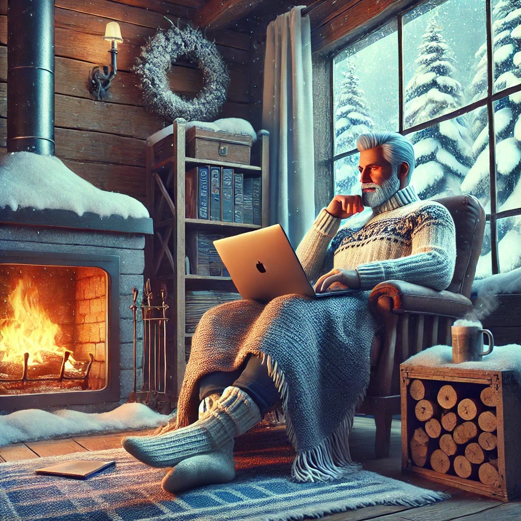 A cozy scene of an older man enjoying a winter weekend in a snowy cabin setting. The man is reclining comfortably in a chair by a crackling fireplace, working on a laptop. He has a relaxed posture, wearing cozy winter clothing and socks, with a warm blanket draped over his legs. Snow-covered pine trees are visible outside a large window, adding to the serene ambiance. The atmosphere is peaceful and inviting, highlighting the joys of productivity and relaxation during a winter weekend. The style is realistic and vibrant, capturing the details of the winter ambiance.