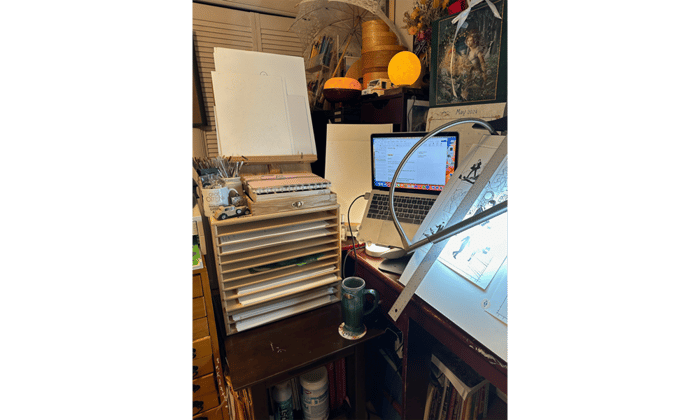 Another photo of Colleen Doran's workspace, closer up.