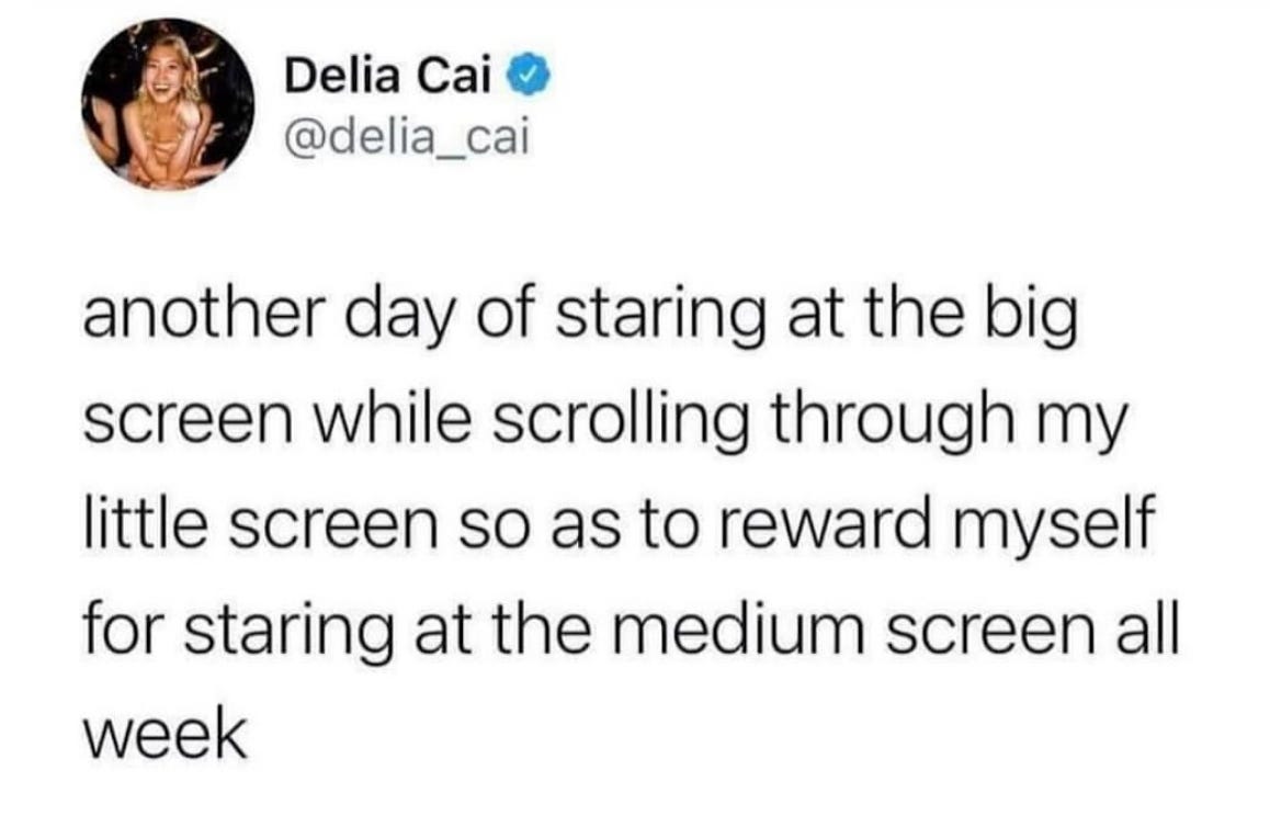A tweet from @delia_cai that reads, "another day of staring at the big screen while scrolling through my little screen so as to reward myself for staring at the medium screen all week."
