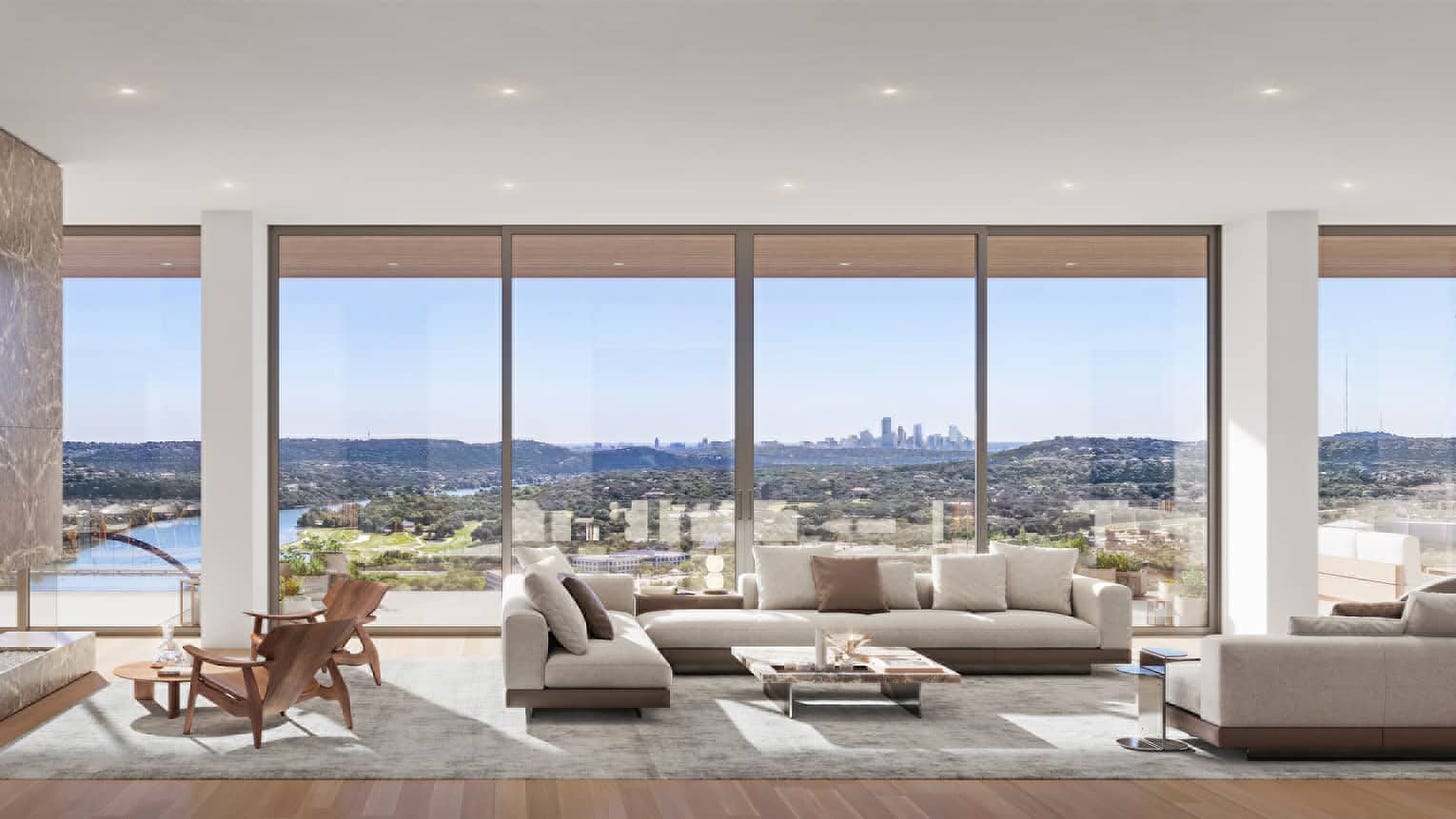 Rendering of living area of a residential unit, with floor-to-ceiling windows and skyline in background