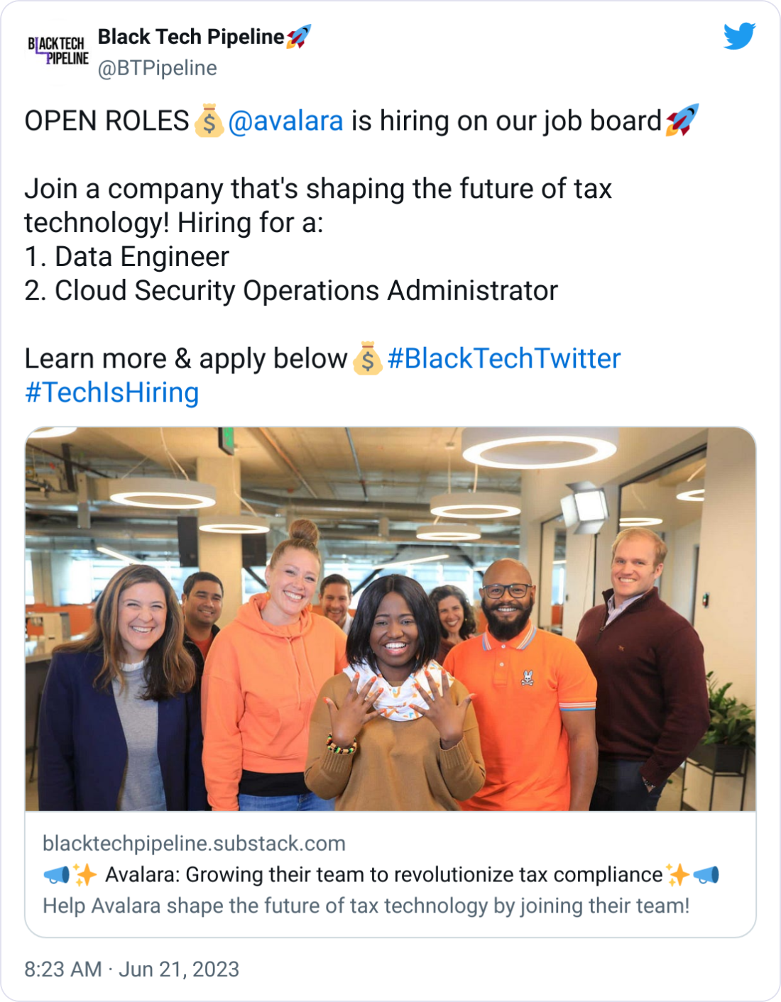 Black Tech Pipeline🚀 @BTPipeline OPEN ROLES💰 @avalara  is hiring on our job board🚀  Join a company that's shaping the future of tax technology! Hiring for a: 1. Data Engineer 2. Cloud Security Operations Administrator  Learn more & apply below💰#BlackTechTwitter #TechIsHiring https://blacktechpipeline.substack.com/p/avalara-growing-their-team-to-revolutionize