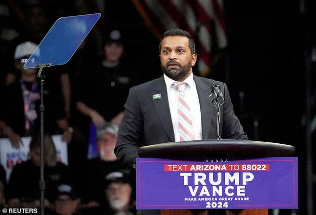 Patel speaking at a Trump rally in Prescott Valley, Arizona in October 2024