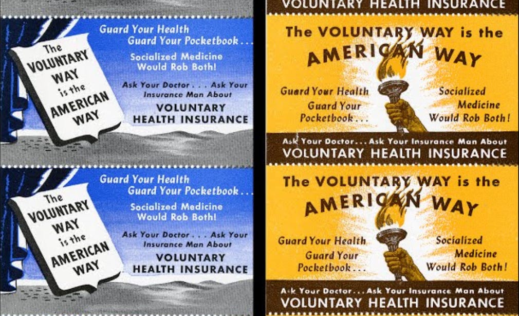 Small advertisements from the 1940s (one set blue and white, the other gold and brown) encouraging viewers to purchase voluntary health insurance