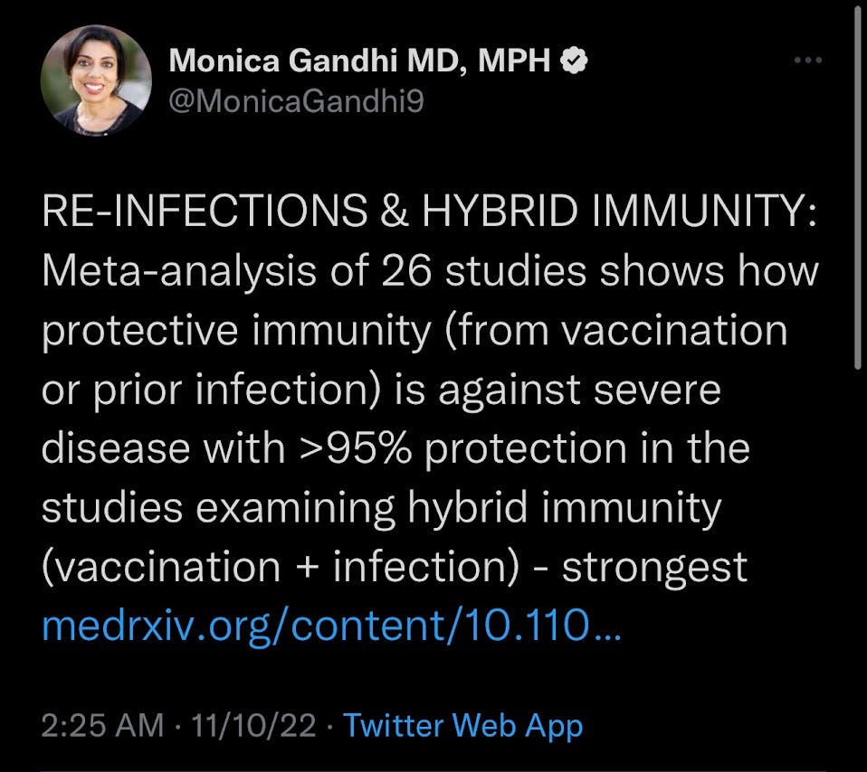 monica gandhi advocating for SARS-CoV-2 infection post-vaccine, stating "hybrid immunity was strongest"