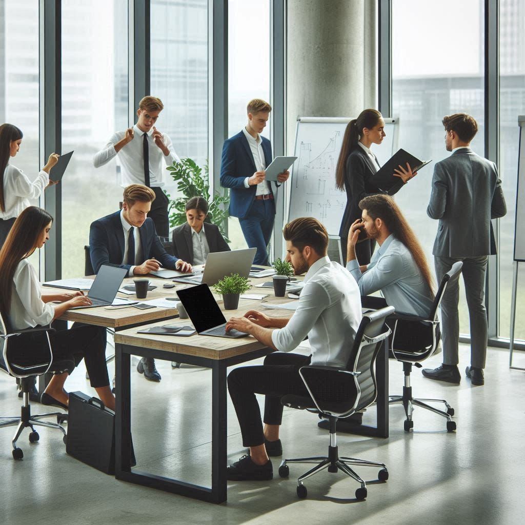 Young bankers working long hours