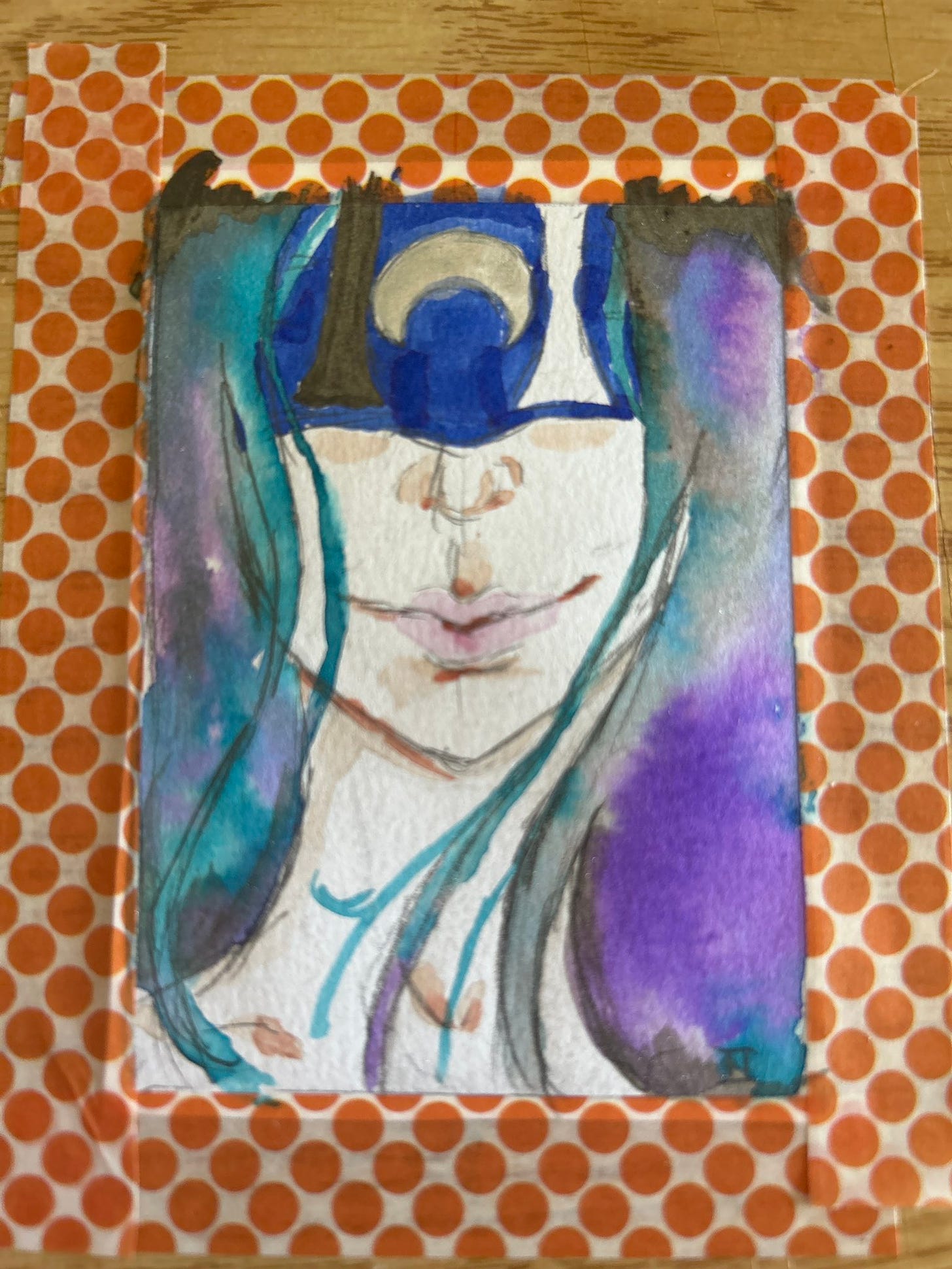 a watercolor painting of a woman. She smiles slightly. she is blindfolded and her hair is violet, aqua, and black. Her blondfold is blue and has a crescent moon and two pillars, one black and one blue, on it