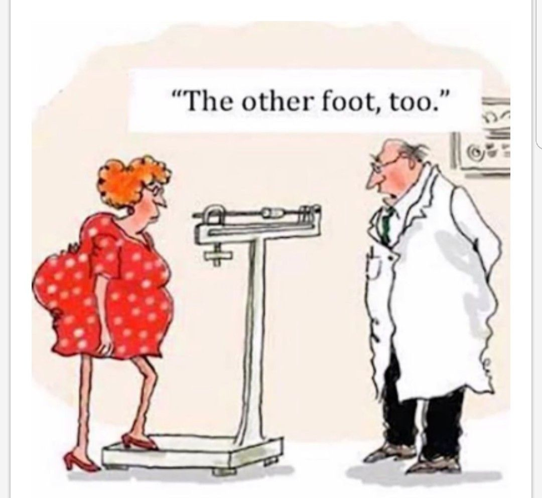 Lady has one foot on scale, doctor says "the other foot too."