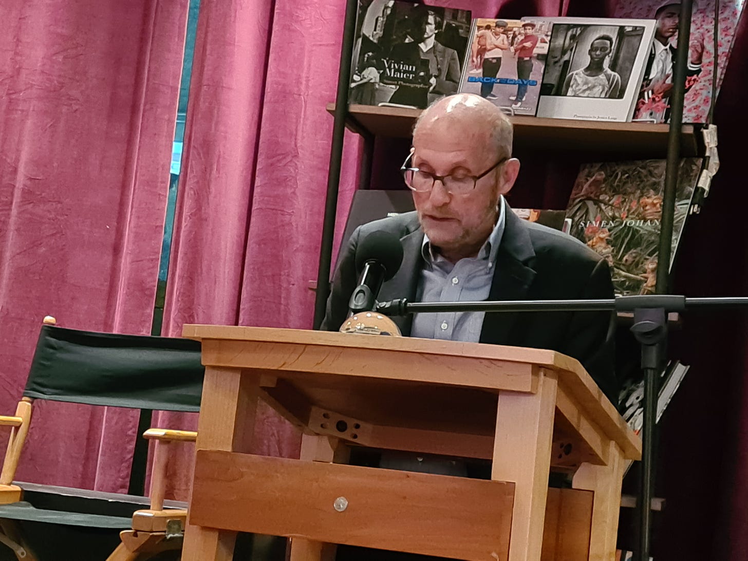 Adam Nagourney reads an excerpt from his new book “The Times: How the Newspaper of Record Survived Scandal, Scorn, and the Transformation of Journalism” at Powerhouse Arena in Dumbo, Brooklyn, Thursday, Oct. 5, 2023. (Photo by: Chatwan Mongkol)