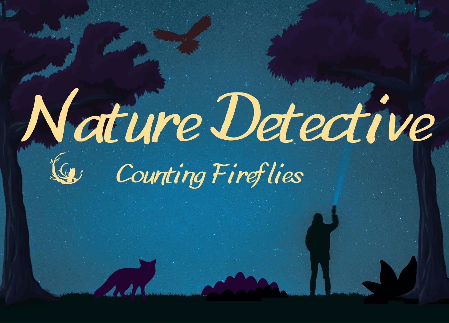 Banner with the title of the essay and "Nature Detective" feature, depicts person with flashlight, fox, and owl flying against a night sky and silhouettes of trees