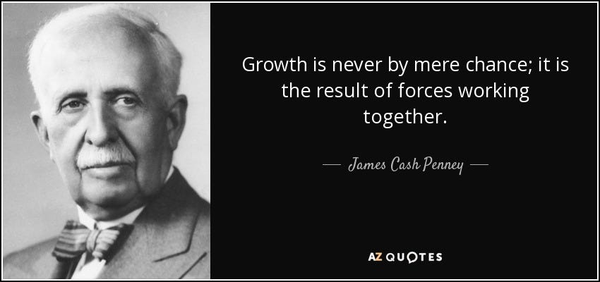 James Cash Penney quote: Growth is never by mere chance; it is the result...