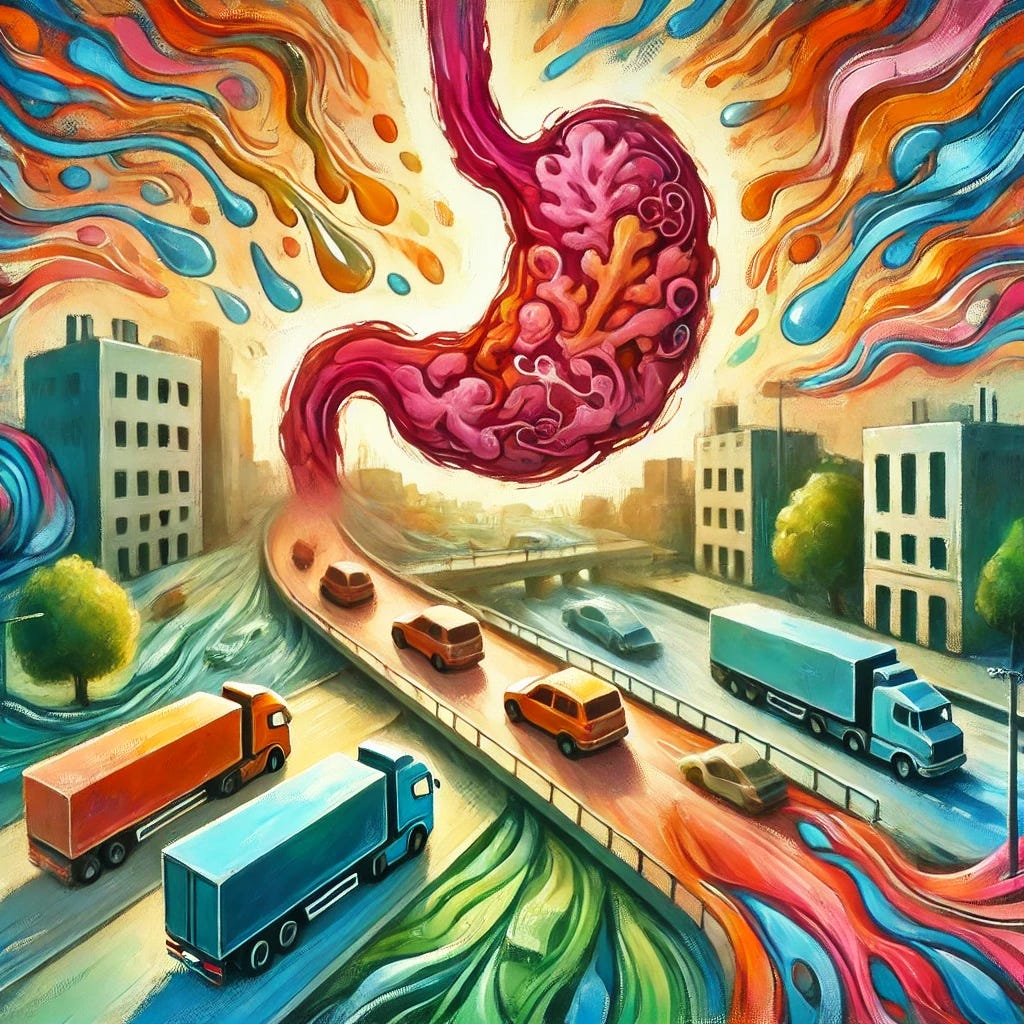 A vibrant square oil painting with expressive strokes and rich, bold colors. The scene represents a bustling city intertwined with abstract biological elements symbolizing digestion. Streets represent digestive pathways, while stomach acid is symbolized as flowing rivers or checkpoints in the city. Trucks or vehicles represent food moving through the system, blending organic and mechanical elements. The image should have a more fluid, less literal interpretation, using dynamic shapes and colors like reds, oranges, and pinks to evoke the idea of digestion and health. No humans or text should be present.