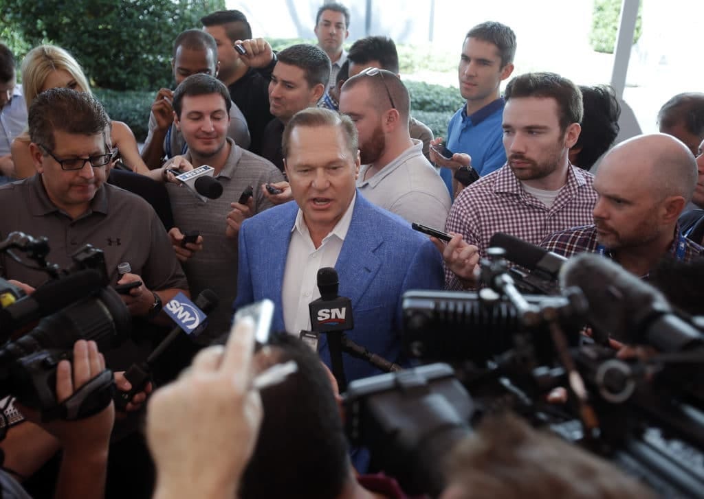 Sports agent Scott Boras answers questions during a news conference at the annual MLB baseball general managers&#039; meetings, Wednesday, Nov. 15, 2017, in Orlando, Fla. (AP Photo/John Raoux)