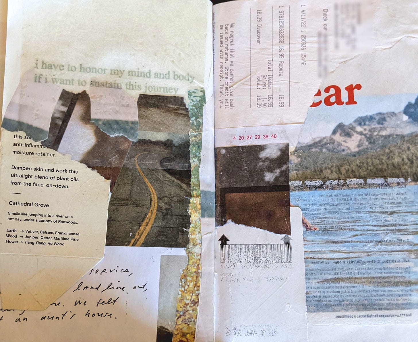 collage featuring rupi kaur poem, receipts, image of a lake and mountain, a gray road, and blurry images of trees