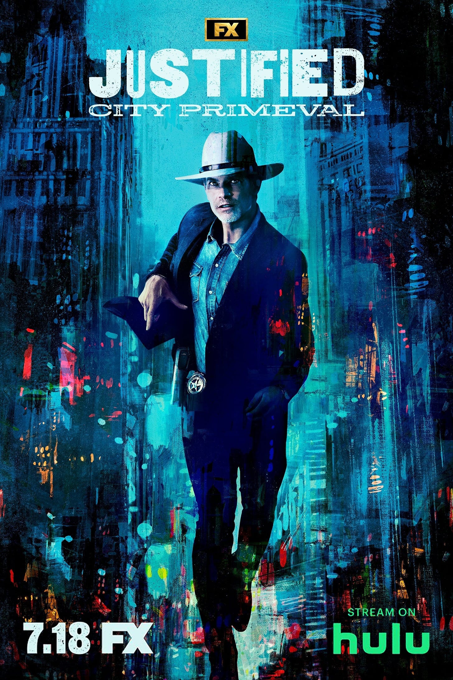 Justified City Primeval poster featuring Timothy Olyphant drawing a pistorl from his belt, wearing a blue suit and a cream cowboy hat