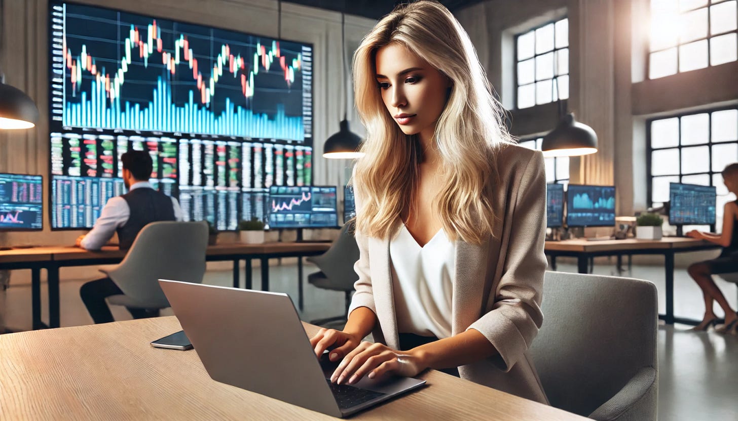 A beautiful blonde woman sitting at a modern desk, intently researching stocks on her laptop. The setting is a well-lit, contemporary workspace with financial charts and stock market data displayed on a large monitor in the background. She appears focused and analytical, possibly taking notes. The scene has a professional and sophisticated feel.