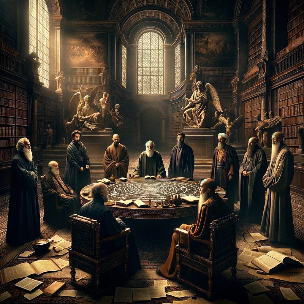 In a grand, ancient library filled with the wisdom of ages, a pivotal moment unfolds as Aristotle, Ibn Khaldun, and Nassim Nicholas Taleb stand together, forming a circle around a large, ornate table scattered with maps, ancient texts, and a modern digital tablet. They are welcoming their newest member, Laozi, into their 'axis of resistance' against Kant's philosophy. Each philosopher, representing their unique intellectual traditions, brings forth their insights to strategize their philosophical countermeasures against Kant. Laozi, with a calm and wise demeanor, steps forward, a scroll in hand, symbolizing his Taoist philosophy. The room is filled with an intense yet respectful atmosphere as they engage in deep discussion, planning their course of action against Kantian thought. The scene is dramatically lit, emphasizing the historical significance of their meeting and the blending of their diverse philosophies.