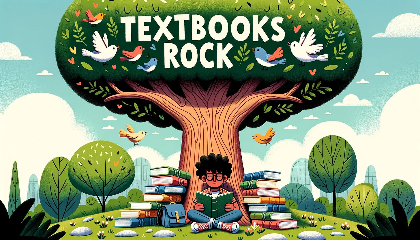 Illustration of a student sitting under a tree with textbooks piled beside them. Birds chirp overhead, and there's a gentle breeze rustling the leaves. The student is engrossed in reading. Above this peaceful scene, the title 'Textbooks ROCK' with the correct spelling for 'Textbooks' and 'ROCK' written entirely in uppercase is prominently displayed.