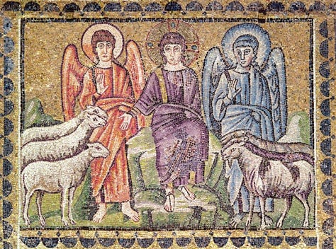 Christ separating the sheep and goats, Ca. 6th century, mosaic, Basilica of Sant' Apollinare Nuovo, Ravenna, Italy.