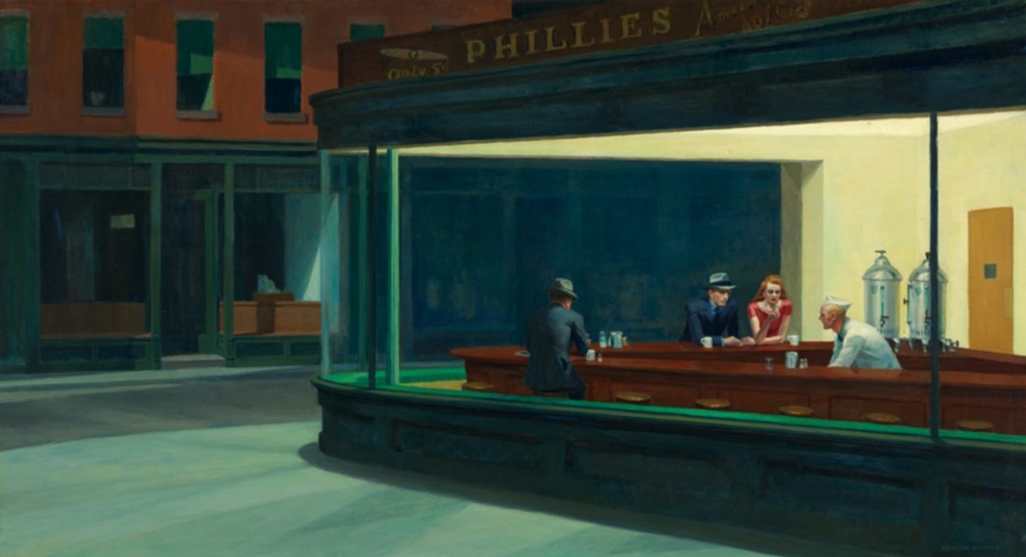 Oil on canvas, view from a desolated street looking in at 3 lonely diners