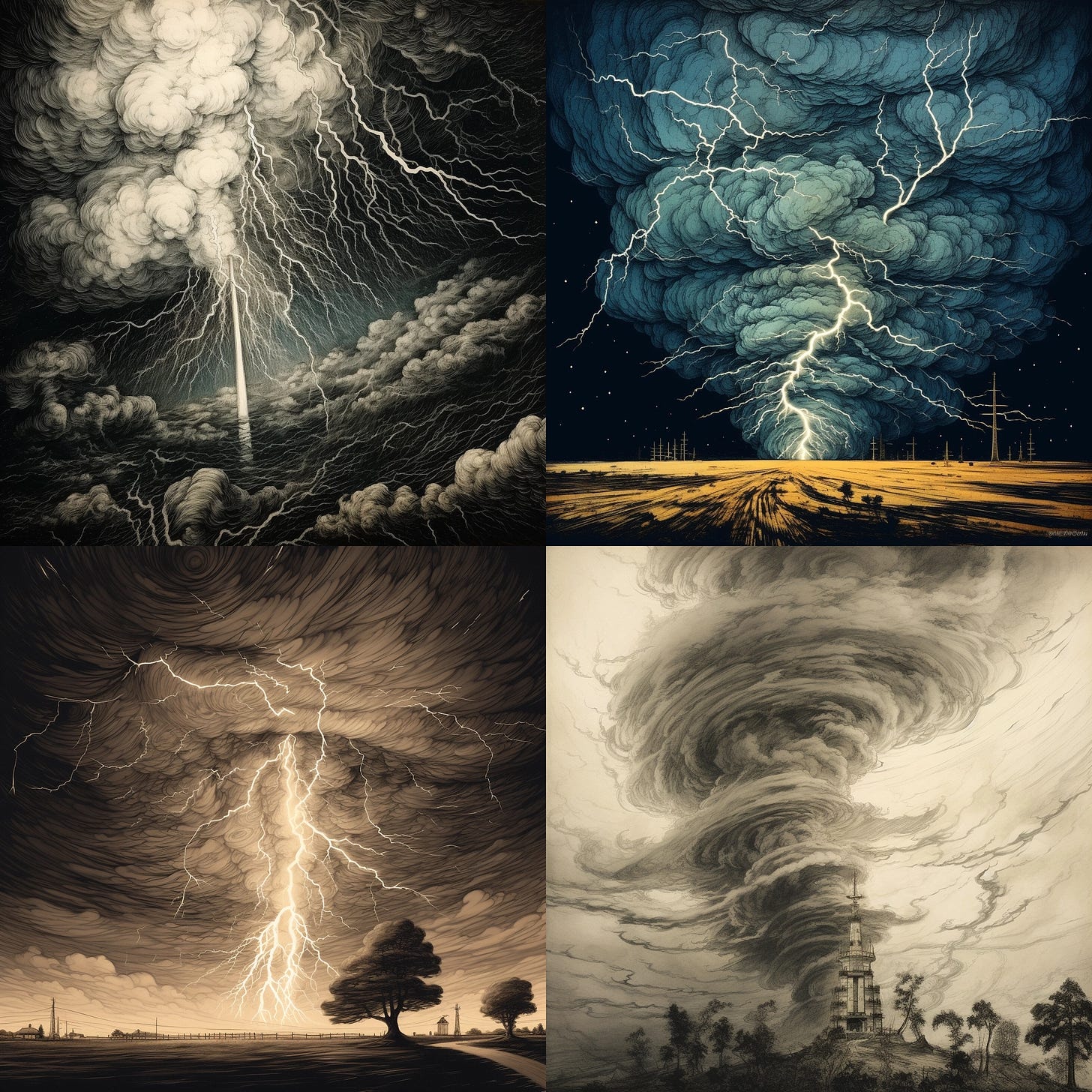 Four images: one of a grey thundercloud with lightning bolts coming down into a second row of clouds; one of a blue cloud with a thunderbolts descending onto a yellow field; one of a sepia-toned drawing with a house in a field and a thundercloud, and one of a twister with a lighthouse beneath it.