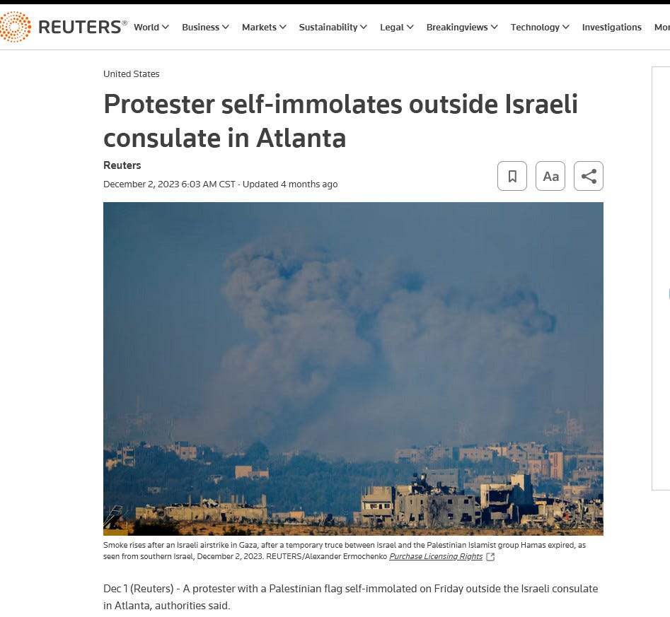 Screen capture of the Reuters website for this story illustrated with a picture of smoke rising from an air strike in Gaza.