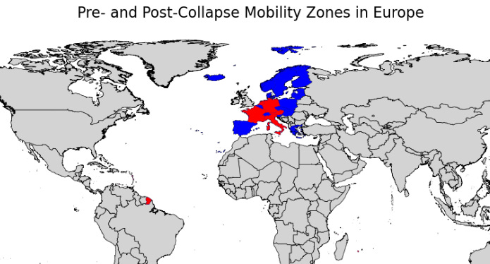 A world map displaying pre- and post-collapse mobility zones in Europe. Regions in Europe are marked in blue and red to indicate areas of potential mobility shifts. The map highlights the core European region, with some areas in other parts of the world minimally highlighted for context. The rest of the map is in grayscale, emphasizing the focus on Europe.