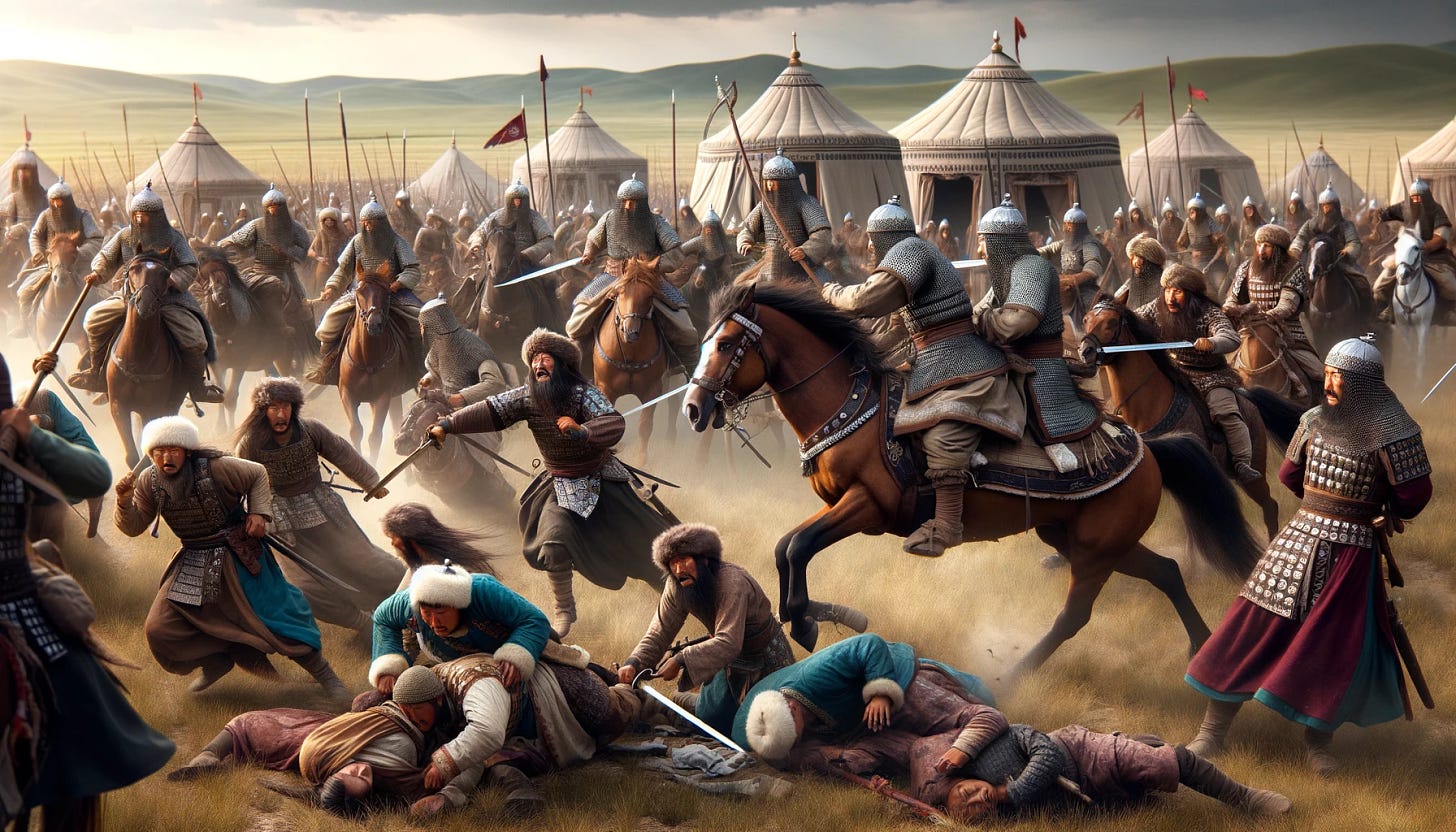 A historically accurate and realistic depiction of an ancient Uyghur army attacking Mongol civilians, including women and children. The Uyghur soldiers are mounted on horseback, armed with realistically portrayed traditional weapons such as swords and spears. Their attire is a faithful representation of Uyghur military uniforms from the period, detailed and authentic. The Mongol civilians, consisting of men, women, and children, are depicted in accurate Mongol clothing, reflecting the styles and materials of the time. They are shown in various states of defense and attempting to escape. The scene is set on a Mongolian steppe, with expansive grasslands and traditional Mongol yurts in the background. The image aims to capture the harsh reality and turmoil of the situation, focusing on the impact on every individual involved, portrayed in a lifelike and historically correct manner.