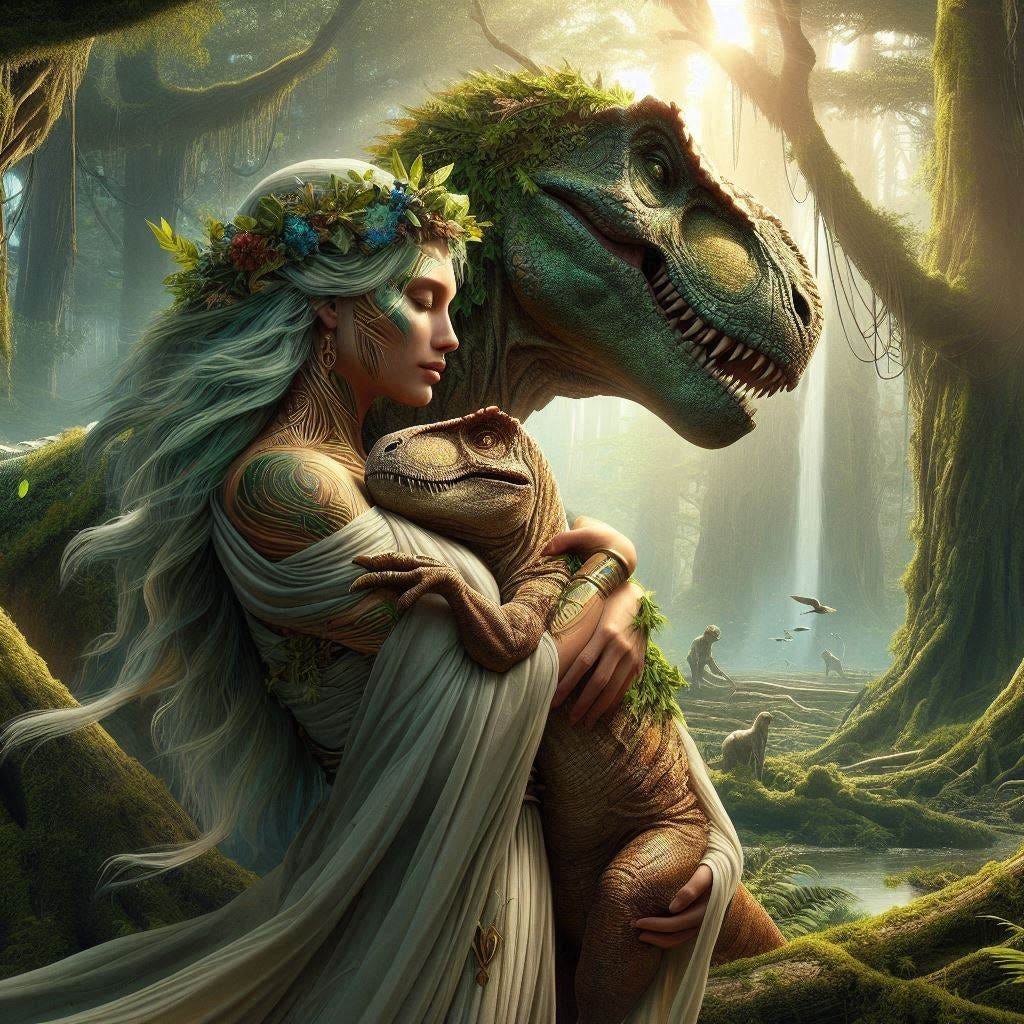 The Benevolent Earth Goddess Gaia hugs her pet tyrannosaurus rex in a Jurassic forest. Realistic Sci-Fi  