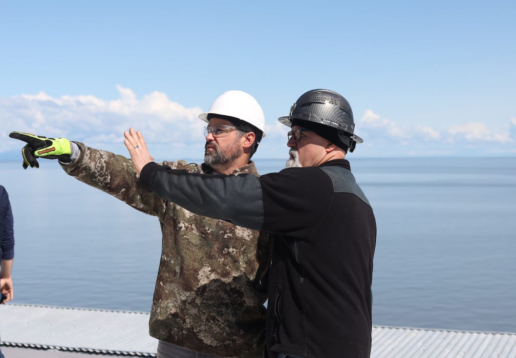 Furie Drilling Manager Michael Duncan, left, talks with Donnie Durham, the Spartan 151's rig manager. (Photo by Nathaniel Herz/Northern Journal) Furie Drilling Manager Michael Duncan, left, talks with Donnie Durham, the Spartan 151's rig manager. (Photo by Nathaniel Herz/Northern Journal)