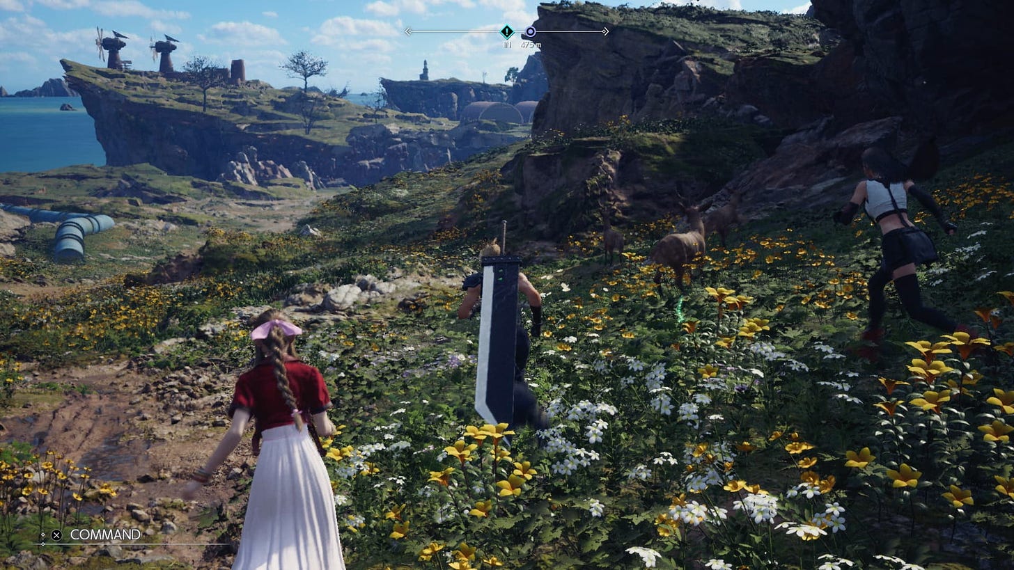 Cloud, Tifa and Aerith run through a grassy field. Windmills can be seen atop cliffs in the distance