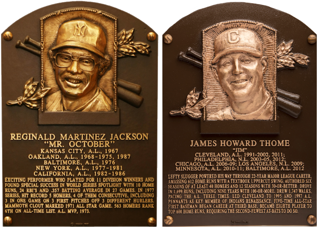 The Baseball Hall of Fame plaques of Reggie Jackson and Jim Thome